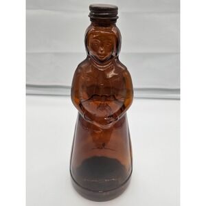 Vintage Amber Glass Mrs Butterworth Bottle Syrup Bottle Brown Metal‎ Lid 10"